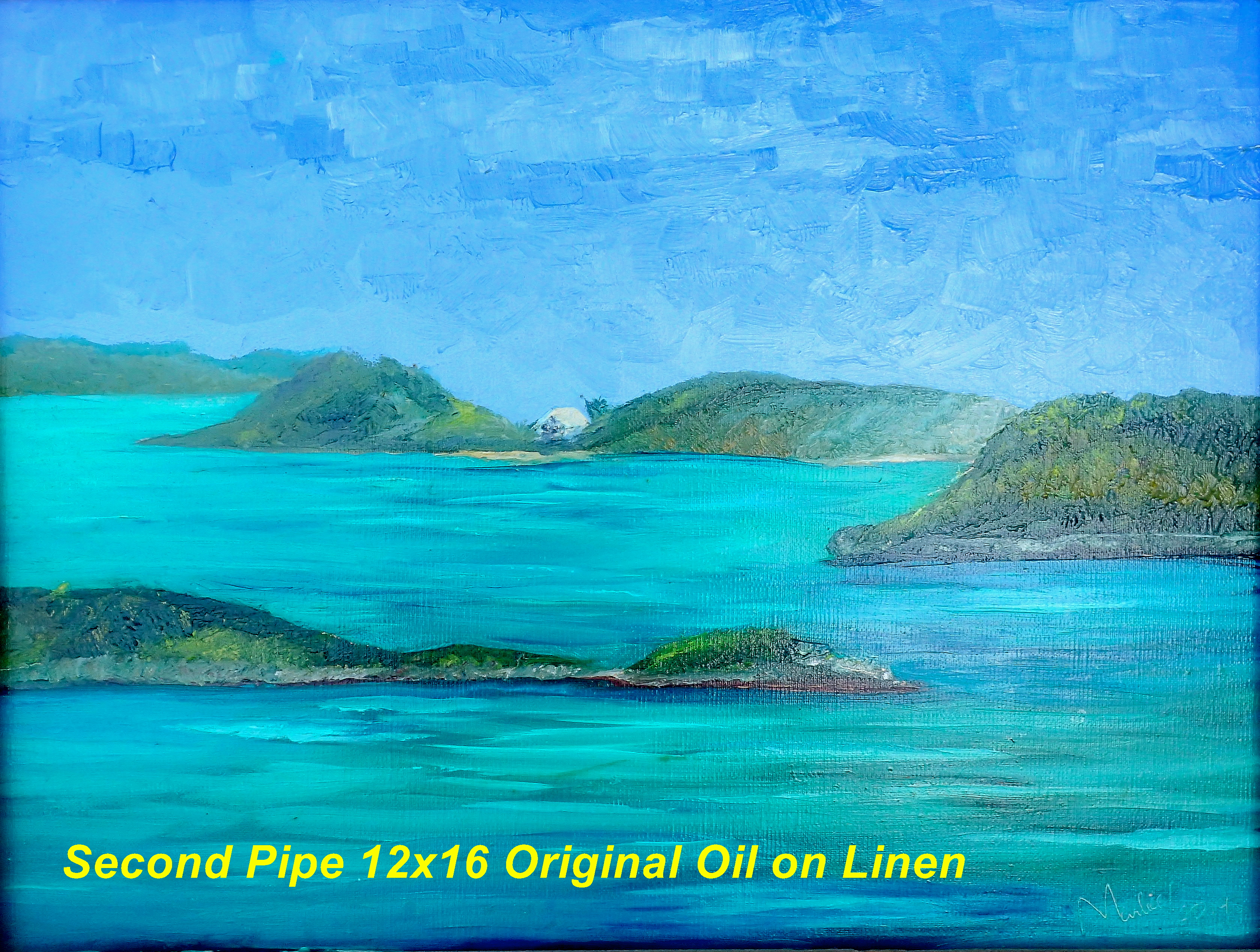 Original Oil Painting of Pipe Creek in mid morning as we cruised through the Exuma Cays.  The turquoise and blue water feels like am immersion into heavenly seas. 